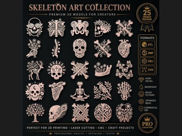 25 Skeleton Art CNC SVG STL Mega Pack Graphics and Crafts