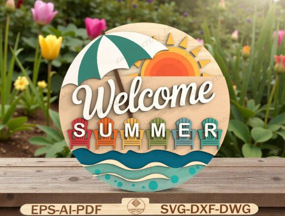 Welcome Summer Round Door Hanger SVG Graphics and Graphic Templates